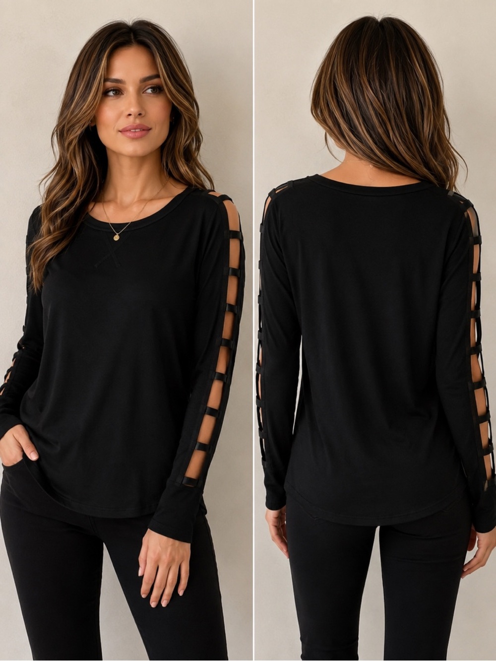 Cleo Women’s Black Ladder-Sleeve Long Sleeve Top